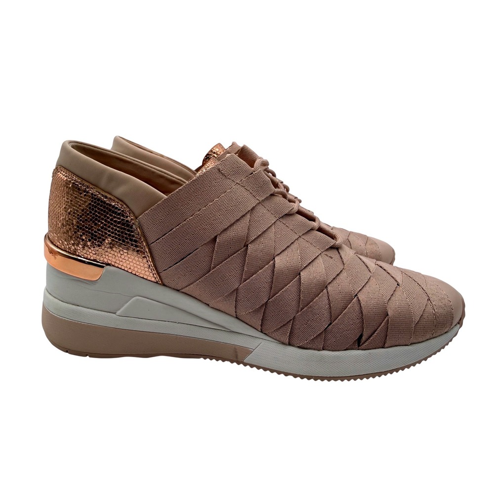 Michael Kors Felix Wedge Sneakers Women 9 Rose Gold Pink Excellent Woven Leather
